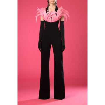 Black crêpe jumpsuit with feathers