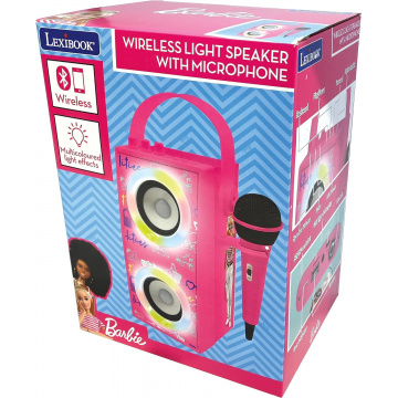 Lexibook Mattel Barbie Portable Bluetooth Speaker with Microphone, Karaoke, Light Effects, Wireless, USB, SD Card, Rechargeable Battery, Pink