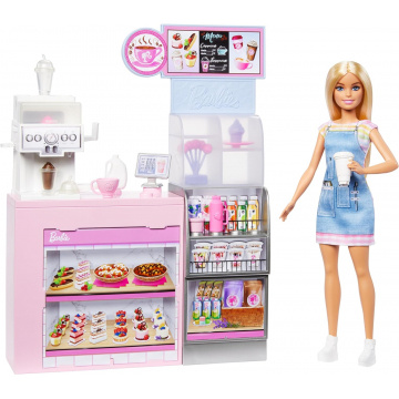 Barbie Coffee Shop Playset with Blonde Barista Doll & 12+ Accessories Including Coffee-Smoothie Maker, Food, Cups & More