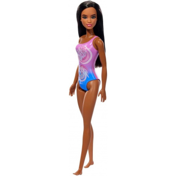 Beach Barbie Doll With Dark Brown Hair Wearing Tropical Purple Swimsuit