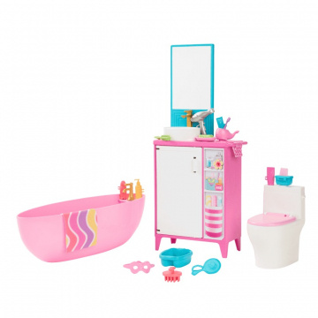 Barbie Toy Bathtime Playset With 19 Dollhouse Accessories Including Bathtub, Toilet, & Vanity