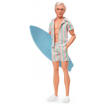 Barbie The Movie Ken Doll Wearing Pastel Pink and Green Striped Beach Matching Set with Surfboard and White Sneakers