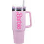 Paladone Barbie Official Licensed Pink Logo H2O Bottle, Quencher Stainless Steel Vacuum Insulated Tumbler with Lid and Straw for Water, Iced Tea or Coffee