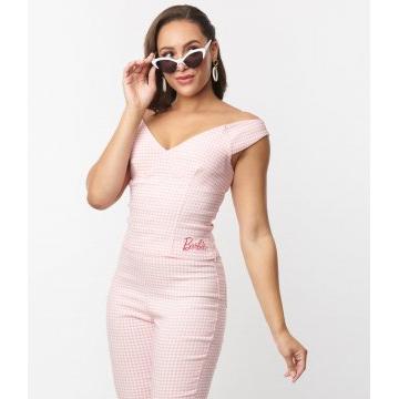 Barbie™ x Unique Vintage Pink & White Gingham Barbie™ Crop Top