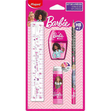 Maped - Barbie Stationery Set 4 Pieces - 1 Transparent Ruler 15cm + 1 Pencil Sharpener 1 Hole + 1 Protected Tube Eraser + 1 HB Pencil - Official Barbie License