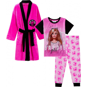Barbie Girls' 3-Piece Matching Bathrobe + Pajama Set, Pink