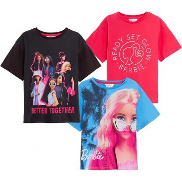 Barbie Girls 3 Pack T-Shirts Kids Cotton Tees Official Fashion Doll T-Shirt Top with Drop Sleeves