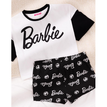 Barbie Women's Pajamas | Ladies White Boxy Fit Crop Logo Babydoll T-shirt with Black Stretch Shorts