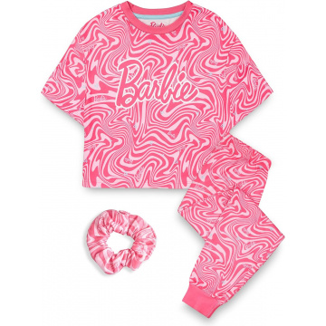 Barbie Girls Pajama Set | Pajamas Pack with Pink Wavy Print Short Sleeve and Long Leg with Scrunchie