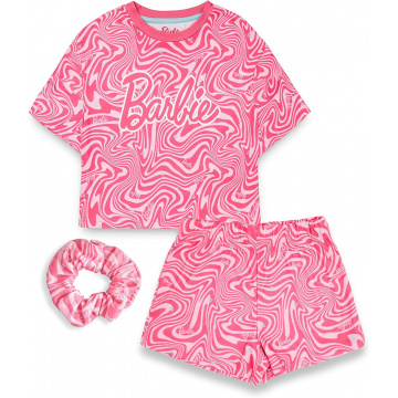 Barbie Girls Pajama Set | Pink Print Short Sleeve Pajamas and Shorts Pajamas Bundle with Scrunchie Pajamas