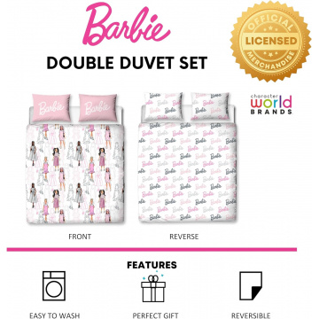 Character World Barbie Kids Double Duvet Cover Set - Figure Design - Reversible - 2 Sided - Includes Matching Pillowcases - Polyester Double Duvet Cover
