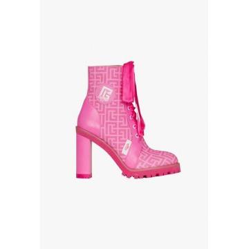 Balmain x Barbie Pink canvas monogram print Petra Ranger ankle boots