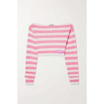 Balmain x Barbie Off-The-Shoulder Cropped Striped Ribbed-Knit Sweater