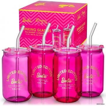 Dragon Glassware x Barbie Drinking Glasses, Pink and Magenta Can Shaped Cups, Perfect for Iced Coffee, Smoothies, Cocktails, Comes with Removable Lids & Glass Straws, 16 oz Capacity, Set of 4