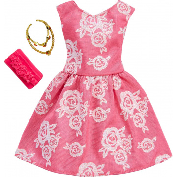 Barbie fashions pink dress with roses and glitter, and accessories