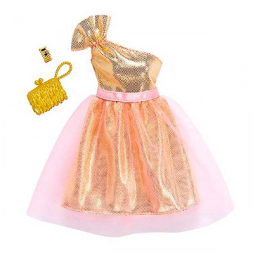 Barbie Fashions Complete Look Gold 1 shoulder Gown With Pink Tulle Set