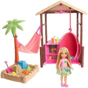Barbie® Chelsea™ Doll and Tiki Hut Playset with 6-inch Blonde Doll, Hut with Swing, Hammock, Moldable Sand, 4 Molds and 4 Storytelling Pieces