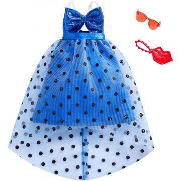 Barbie Complete Looks Doll Clothes, Outfit for Barbie Dolls with Blue Polka Dot Dress and 2 Accessories for Barbie Dolls