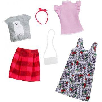 Barbie Fashion 2 Outfits for Barbie Doll Mix Checks and Nature with a Polar Bear T-Shirt, a Floral Print Dress and Plaids
