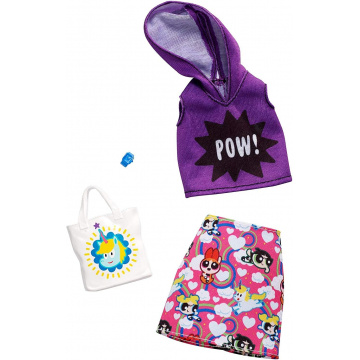 Barbie The Powerpuff Girls Clothes for Barbie Doll: Purple Pow Hoodie, Character Skirt, Star Purse, Watch