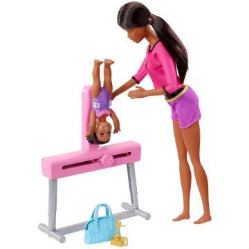 Barbie Gymnastics Dolls & Playset with Brunette Coach Barbie Doll, Brunette Small Doll and Balance Beam with Sliding Mechanism