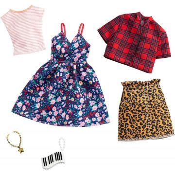 Barbie Clothes: 2 Outfits Doll Include A Floral Dress, Striped T-Shirt, Animal-Print Skirt, Plaid Top, Piano Key Purse and Necklace