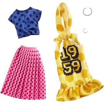 Barbie Clothes: 2 Outfits Doll Feature Polka Dots On A Yellow Hoodie Dress, A Blue Top and Pink Skirt, Plus 2 Accessories