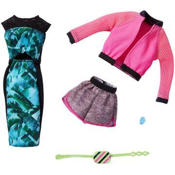 Barbie Fashions 2-Pack Clothing Set, 2 Outfits Doll Include Pink Sport Jacket, Gray Shorts, Blue Tropical Print Dress & 2 Accessories