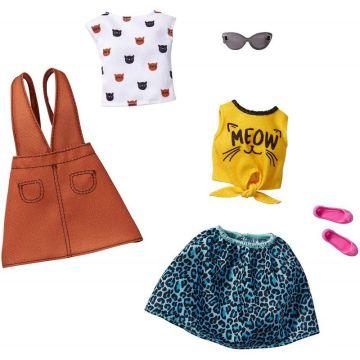 Barbie Fashions 2-Pack Clothing Set, 2 Outfits Doll Include White Tee with Kitty Print, Yellow Meow Tie Shirt, Orange Jumper, Blue Animal-Print Skirt & 2 Accessories