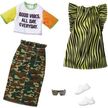 Barbie Fashions 2-Pack Clothing Set, 2 Outfits Doll Include Camo Pencil Skirt, Color-Blocked T-Shirt with Graphic, Lime Green Animal-Print Dress & 2 Accessories
