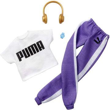 Barbie Clothes Puma Branded Outfit Doll, White Top and Purple Joggers with Headphones and Watch