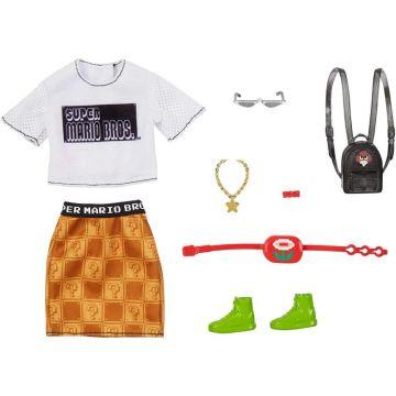 Barbie Storytelling Fashion Pack of Doll Clothes Inspired by Super Mario: Graphic Tee, Patterned Skirt & 6 Accessories Dolls