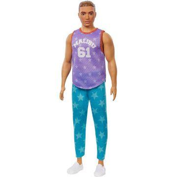 Barbie® Ken™ Fashionistas™ Doll #165 with Sculpted Brown Hair Wearing Purple “Malibu” Top, Blue Starred Joggers & White Shoes