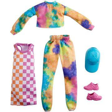 ​Barbie® Fashions 2-Pack Clothing Set, 2 Outfits for Barbie® Doll Include Tie-Dye Joggers & Sweatshirt, Checked Dress, Blue Cap & Pink Sneakers