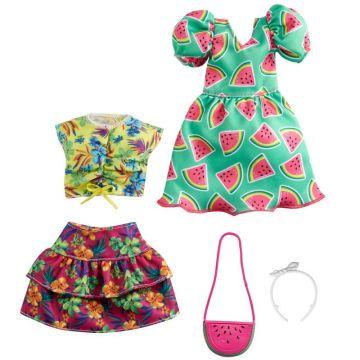 ​Barbie® Fashions 2-Pack Clothing Set, 2 Outfits for Barbie® Doll Include Watermelon-Print Dress, Floral Skirt, Tropical Tank & 2 Accessories
