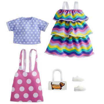 ​Barbie® Fashions 2-Pack Clothing Set, 2 Outfits for Barbie® Doll Include Pink Polka-Dot Jumper, Purple Polka-Dot Top, Striped Dress & 2 Accessories