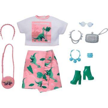 Barbie Fashions Storytelling Fashion Pack- Pink and Green Top and Skirt with Dinosaur - Complete Look with Outfit & Accessories