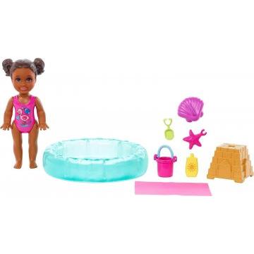 Barbie Small Doll And Accessories, Babysitters Inc. Set With 1 Pool And 5 Pieces