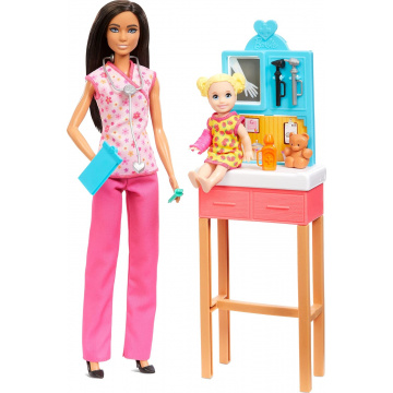 Barbie Pediatrician Doll and Doctor Playset with Accessories, Pink Scrubs for 3 Years & Above (Pink)