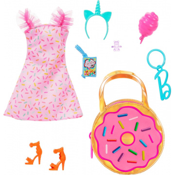 Barbie Premium Pink Doughnut Fashion Bag, Pink Dress, Orange Heels, and Accessories