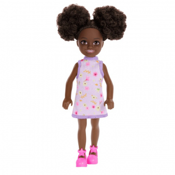 Barbie Chelsea Doll, Small Doll Wearing Removable Purple Floral Dress With Space Buns & Brown Eyes