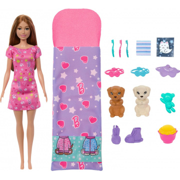 Barbie Doll & Puppy Slumber Party Playset With 2 Toy Dog Figures & 10+ Accessories, Color-Change