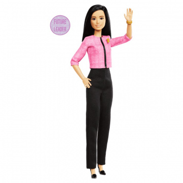 Muñeca Barbie Future Leader con pelo negro, 2 pulseras doradas y pin, incluye pegatina