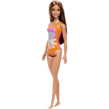 Beach Barbie Doll With Light Brown Hair Wearing Tropical Pink And Orange Swimsuit