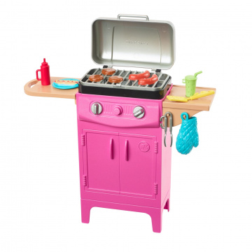 Barbie World Barbecue Grill Playset with 7 Dollhouse Accessories, Including a Grill with Working Lid and Food