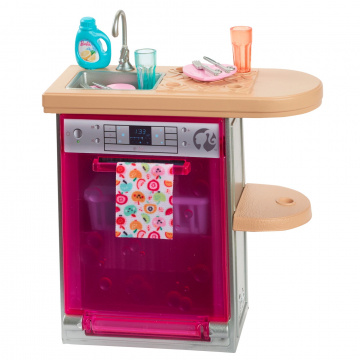 Barbie World Dishwasher Toy Set with 9 Dollhouse Kitchen Accessories Including Dishes, Drying Rack and More