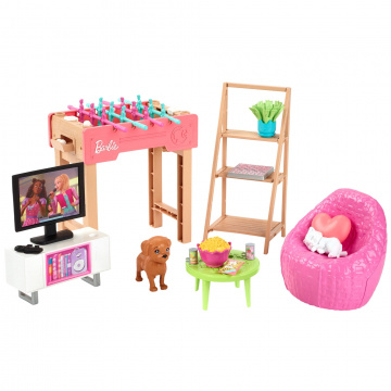 Barbie World Playroom Set with 19 Dollhouse Accessories, Including Furniture, Foosball Table and Pets