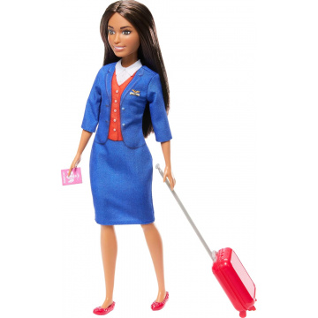 Barbie Flight Attendant Brunette Fashion Doll in Removable Blue Uniform, Includes Rolling Luggage Suitcase, Headphones, and Passport Accessories