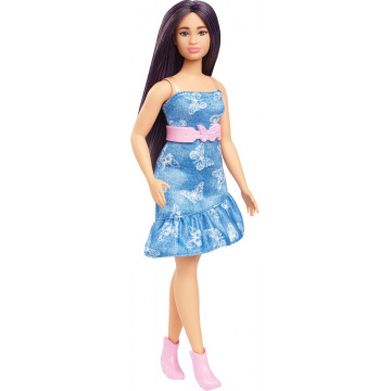 Barbie Fashionistas Doll #231 with Purple Hair, Wearing Strapless Denim Butterfly-Print Dress with Pink Belt and Boots