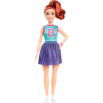 Barbie Fashionistas Doll #232 with Red Hair, Wearing Sporty “B” Jersey Top and Pleated Purple Skirt with Watch and Sneakers